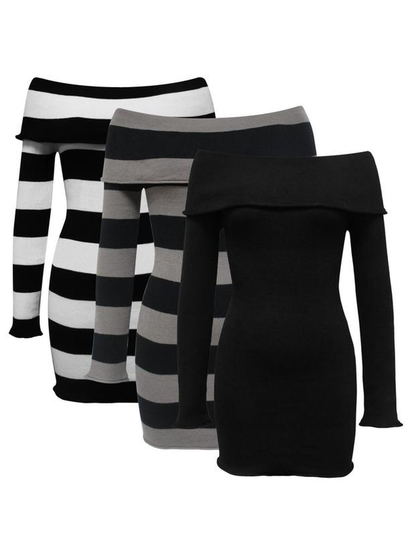 Women'S Y2K Trendy Striped Print off Shoulder Bodycon Knit Dress 