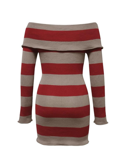 Women'S Y2K Trendy Striped Print off Shoulder Bodycon Knit Dress 