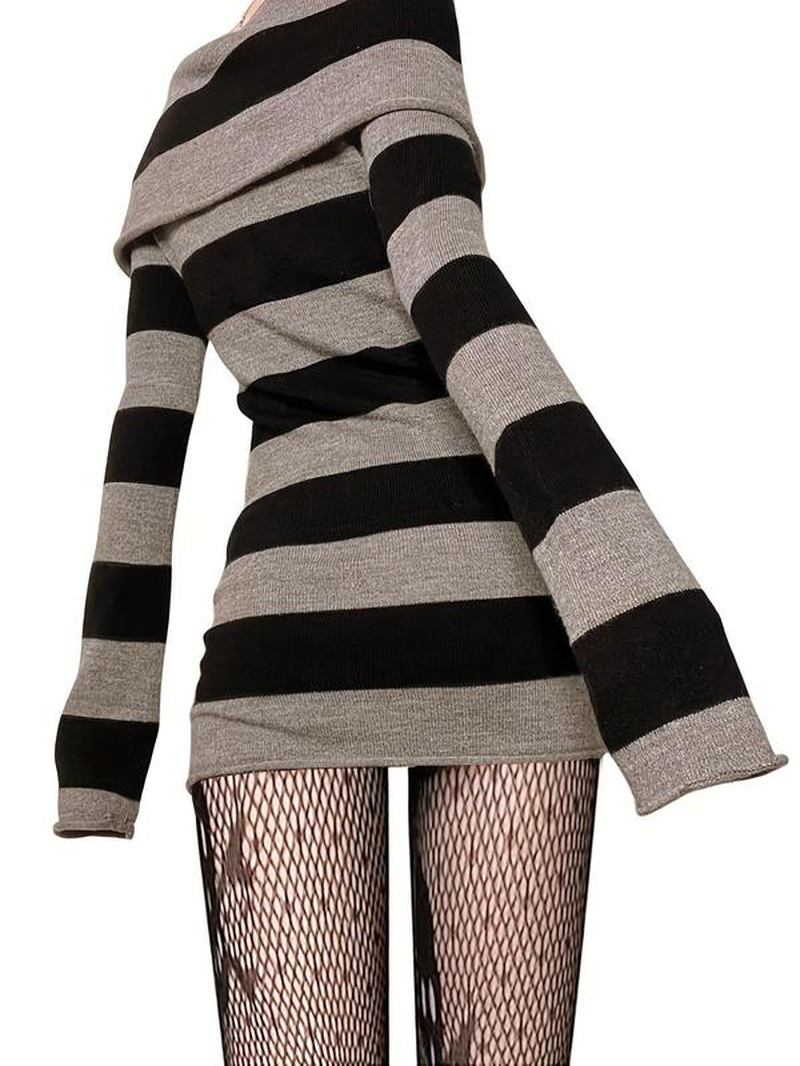 Women'S Y2K Trendy Striped Print off Shoulder Bodycon Knit Dress 