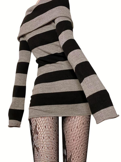 Women'S Y2K Trendy Striped Print off Shoulder Bodycon Knit Dress 
