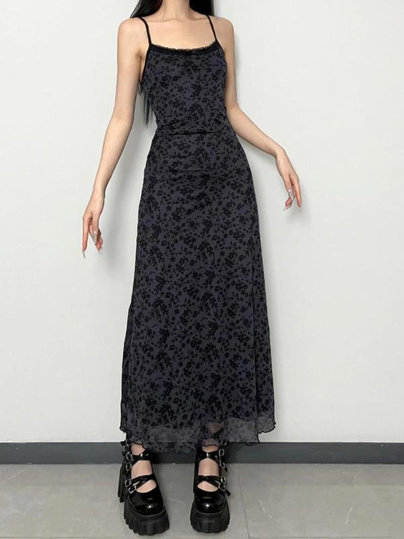 Women'S Ditsy Floral Print Contrast Lace Cami Dress, Casual Adjustable Strap Backless Long Dress, Ladies Summer Clothes for Beach Holiday Daily Wear