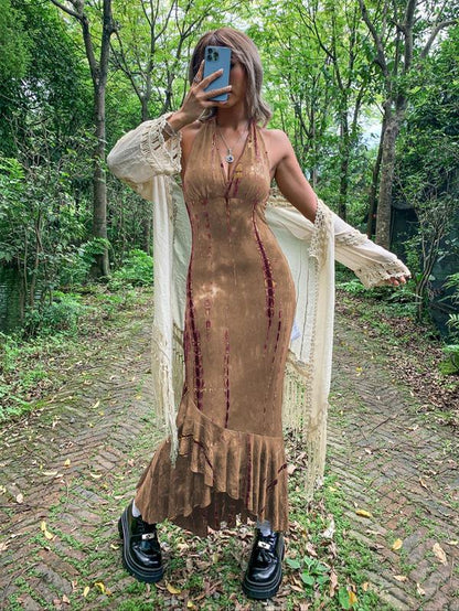 Women'S Sexy Tie Dye Print Ruffle Hem Tie Back Halter Bodycon Dress, Summer Clothes Women Punk Fashion Casual V Neck Long Dress for Outdoor Beach Vacation, Breathable Comfortable Dress, Lady Summer Clothes, Birthday Dresses, 80S Fashion, Summer Dresses