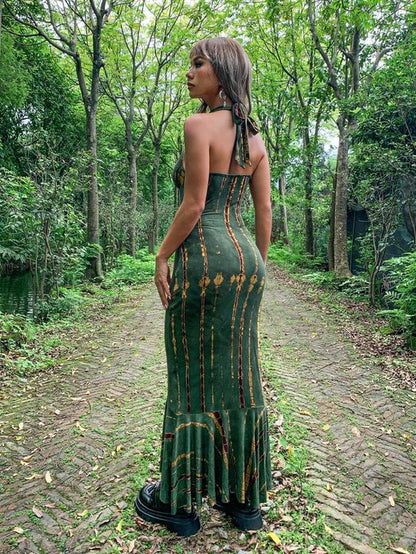 Women'S Sexy Tie Dye Print Ruffle Hem Tie Back Halter Bodycon Dress, Summer Clothes Women Punk Fashion Casual V Neck Long Dress for Outdoor Beach Vacation, Breathable Comfortable Dress, Lady Summer Clothes, Birthday Dresses, 80S Fashion, Summer Dresses