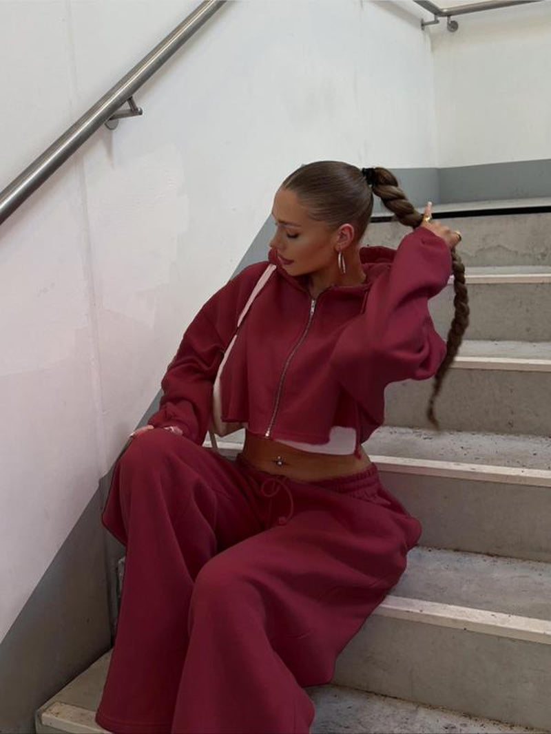 Women'S Solid Zip up Crop Drawstring Hoodie & Drawstring Waist Sweatpants Two-Piece Set, Casual Fashion Cozy Breathable Two Piece Outfits for Daily Outdoor Wear, Women Clothes for Fall & Winter