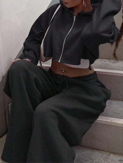 Women'S Solid Zip up Crop Drawstring Hoodie & Drawstring Waist Sweatpants Two-Piece Set, Casual Fashion Cozy Breathable Two Piece Outfits for Daily Outdoor Wear, Women Clothes for Fall & Winter