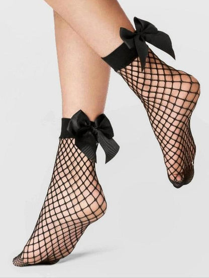 Women'S 1 Pair Plain Bow Decor Fishnet Socks, Summer 2024 Black Hollow Out Mesh Socks Net Socks, Elastic Ankle Socks, Plain Crew Socks, Women'S Socks & Stocking, Womenswear