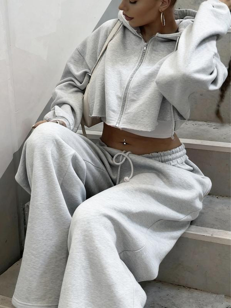 Women'S Solid Zip up Crop Drawstring Hoodie & Drawstring Waist Sweatpants Two-Piece Set, Casual Fashion Cozy Breathable Two Piece Outfits for Daily Outdoor Wear, Women Clothes for Fall & Winter