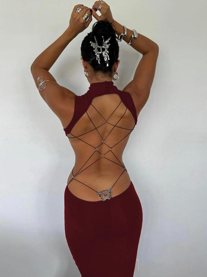 Women'S Backless Butterfly Decor Bodycon Dress, Fashionable High Neck O-Ring Tank Dress for Party Club Dating Wear, Dresses for Women, Fall Dresses, Ladies Back to School Clothes for Fall, Birthday Dresses 2024, Dresses for Women