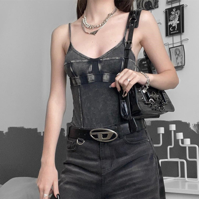 Street Style Retro Worn-Out Slim Fitting Halter Jumpsuit