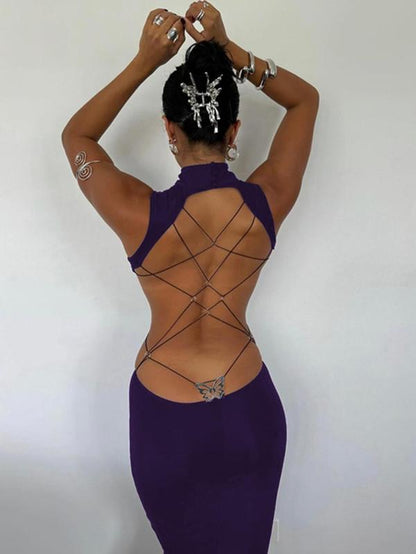 Women'S Backless Butterfly Decor Bodycon Dress, Fashionable High Neck O-Ring Tank Dress for Party Club Dating Wear, Dresses for Women, Fall Dresses, Ladies Back to School Clothes for Fall, Birthday Dresses 2024, Dresses for Women