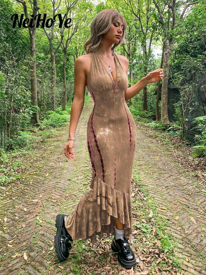 Women'S Sexy Tie Dye Print Ruffle Hem Tie Back Halter Bodycon Dress, Summer Clothes Women Punk Fashion Casual V Neck Long Dress for Outdoor Beach Vacation, Breathable Comfortable Dress, Lady Summer Clothes, Birthday Dresses, 80S Fashion, Summer Dresses