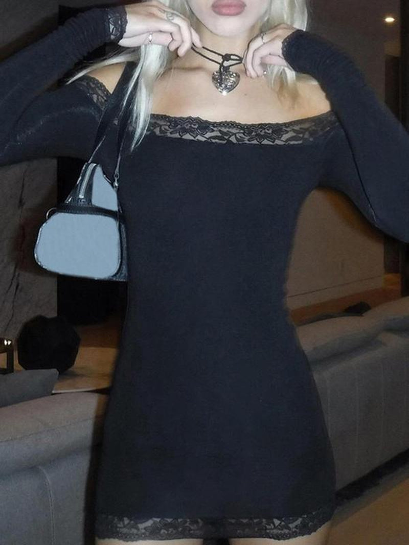 Women'S Contrast Lace off Shoulder Bodycon Party Dress, Elegant Long Sleeve Mini Dress for Party Club Dating, Ladies Spring & Fall Clothes, Valentine'S Day Gift for Girl