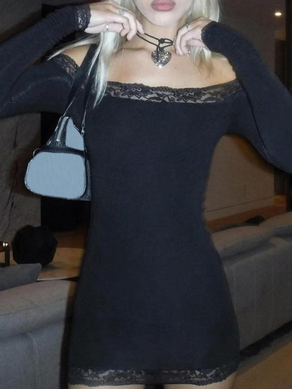 Women'S Contrast Lace off Shoulder Bodycon Party Dress, Elegant Long Sleeve Mini Dress for Party Club Dating, Ladies Spring & Fall Clothes, Valentine'S Day Gift for Girl