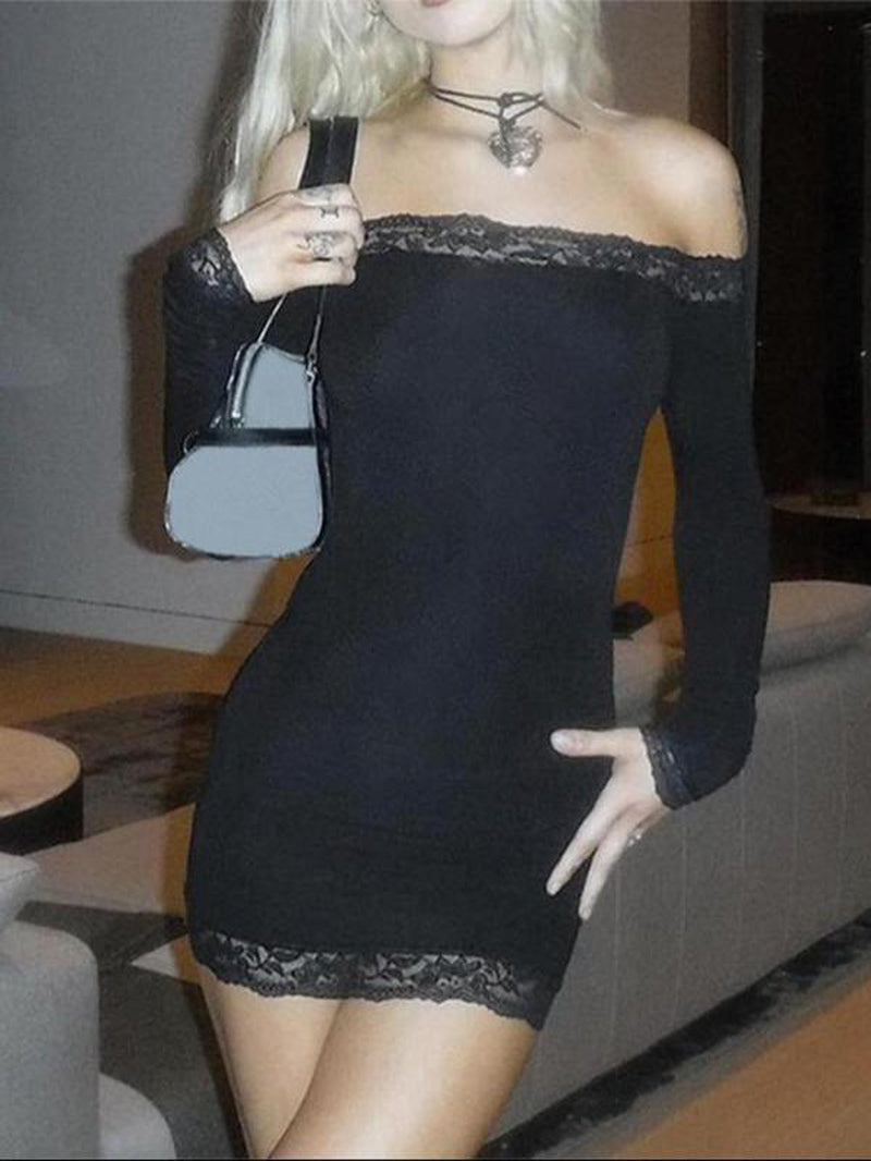 Women'S Contrast Lace off Shoulder Bodycon Party Dress, Elegant Long Sleeve Mini Dress for Party Club Dating, Ladies Spring & Fall Clothes, Valentine'S Day Gift for Girl