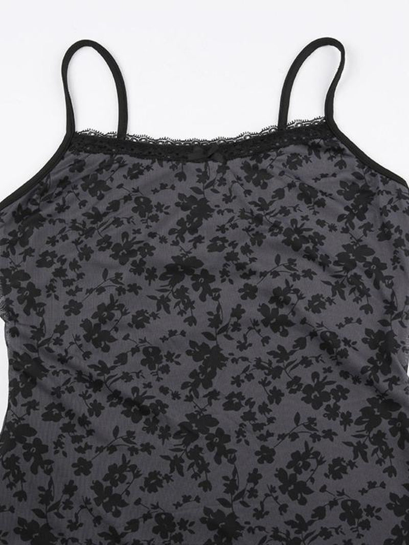 Women'S Ditsy Floral Print Contrast Lace Cami Dress, Casual Adjustable Strap Backless Long Dress, Ladies Summer Clothes for Beach Holiday Daily Wear