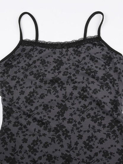 Women'S Ditsy Floral Print Contrast Lace Cami Dress, Casual Adjustable Strap Backless Long Dress, Ladies Summer Clothes for Beach Holiday Daily Wear