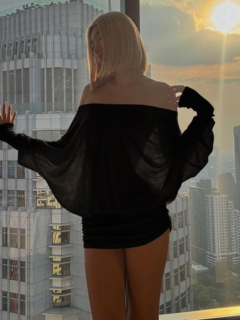 Women'S Solid off the Shoulder Sheer Ruched Dress, Fashion Casual Long Sleeve Mini Dress for Party Club Holiday, Women Dress for Spring & Fall