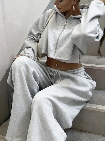 Women'S Solid Zip up Crop Drawstring Hoodie & Drawstring Waist Sweatpants Two-Piece Set, Casual Fashion Cozy Breathable Two Piece Outfits for Daily Outdoor Wear, Women Clothes for Fall & Winter