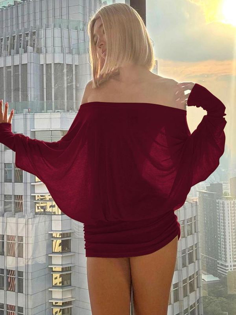 Women'S Solid off the Shoulder Sheer Ruched Dress, Fashion Casual Long Sleeve Mini Dress for Party Club Holiday, Women Dress for Spring & Fall