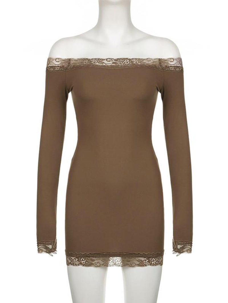 Women'S Contrast Lace off Shoulder Bodycon Party Dress, Elegant Long Sleeve Mini Dress for Party Club Dating, Ladies Spring & Fall Clothes, Valentine'S Day Gift for Girl