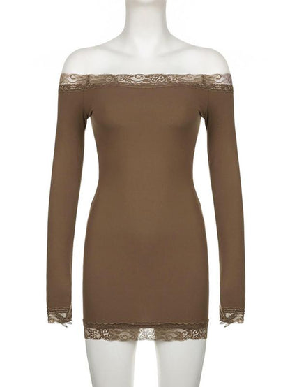 Women'S Contrast Lace off Shoulder Bodycon Party Dress, Elegant Long Sleeve Mini Dress for Party Club Dating, Ladies Spring & Fall Clothes, Valentine'S Day Gift for Girl