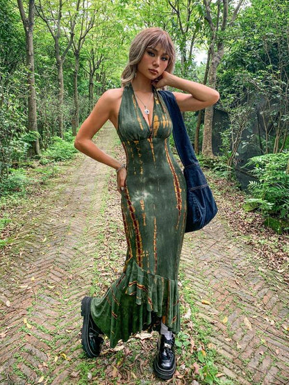 Women'S Sexy Tie Dye Print Ruffle Hem Tie Back Halter Bodycon Dress, Summer Clothes Women Punk Fashion Casual V Neck Long Dress for Outdoor Beach Vacation, Breathable Comfortable Dress, Lady Summer Clothes, Birthday Dresses, 80S Fashion, Summer Dresses