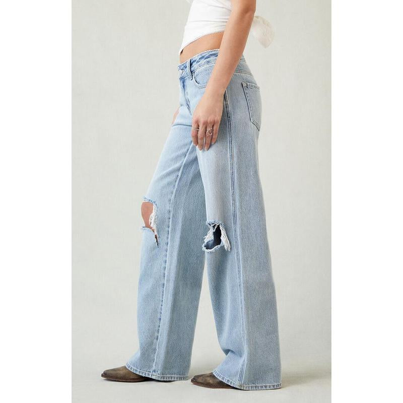 Pacsun Women'S Casey Low Rise Baggy Jeans Ripped Knee Light Indigo